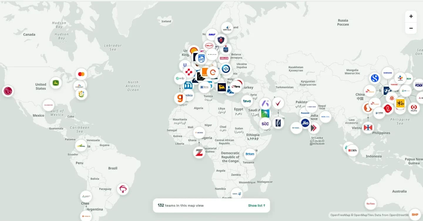 The GlassDollar directory, showing corporations on its interactive map